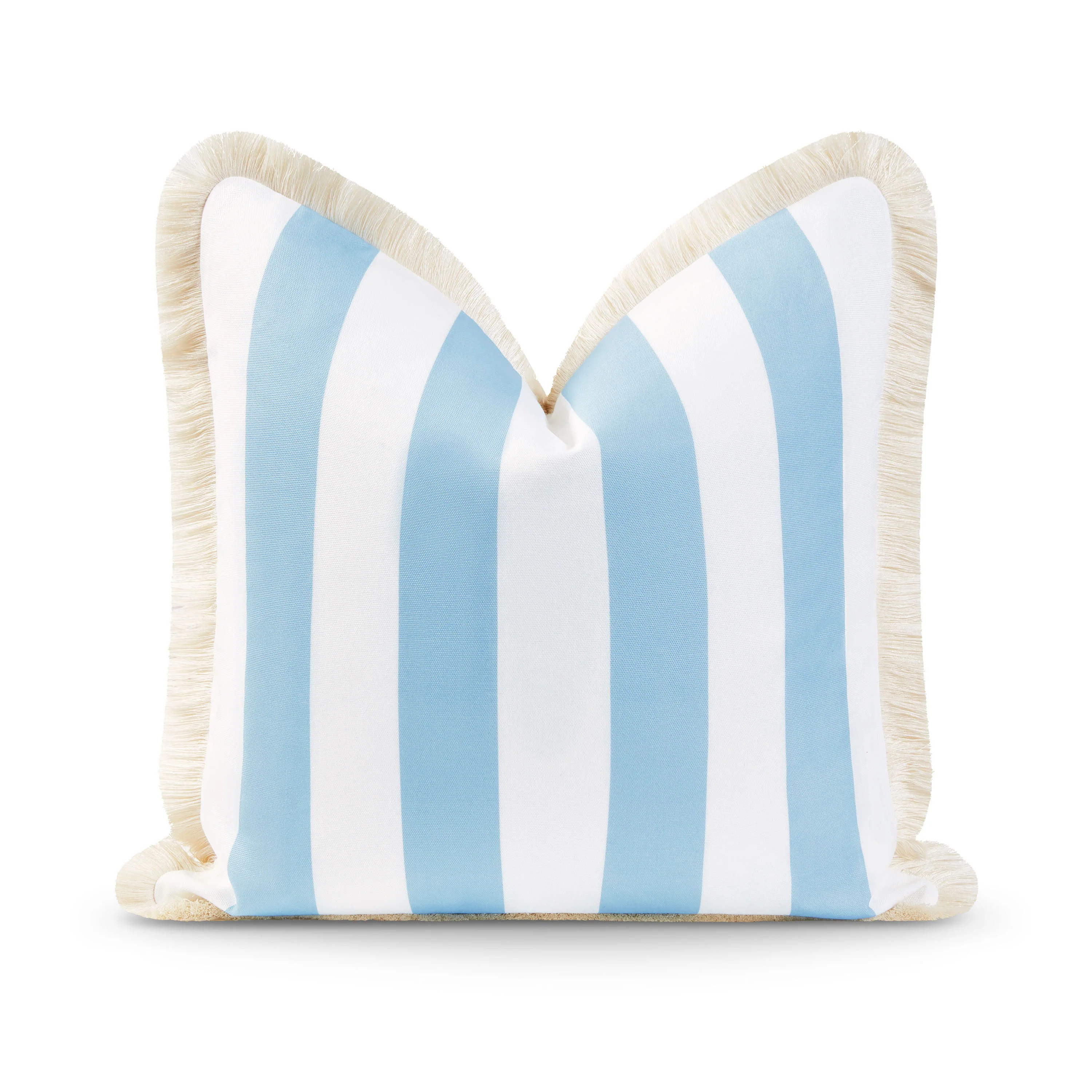 Coastal Hampton Style Indoor Outdoor Pillow Cover, Stripe Fringe, Baby Blue, 20 | Hofdeco