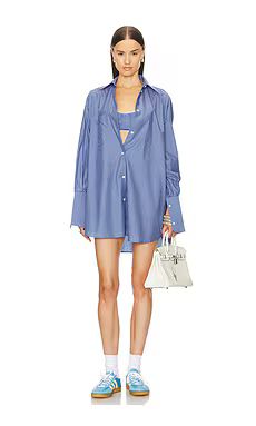 Helsa Pinstripe Poplin Oversized Shirt in Blue Pinstripe from Revolve.com | Revolve Clothing (Global)