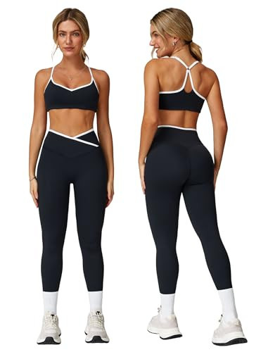 ABOCIW Womens Workout Sets Color Block Strappy Sports Bra Crossover High Waist Leggings Gym Set 2 Piece Yoga Pilates Outfits Active Wear Black X-Large | Amazon (US)