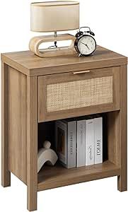 SICOTAS Rattan Nightstand - Farmhouse Night Stand with Drawer and Storage Shelf - Boho Accent Tab... | Amazon (US)