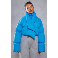 Blue Detachable Scarf Detail Cropped Puffer Coat | PrettyLittleThing CAN