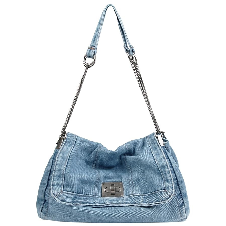 Denim Tote Bag for Women Fashion Adjustable Chain Shoulder Handbag Crossbody Bag Retro Zipper Hob... | Amazon (US)