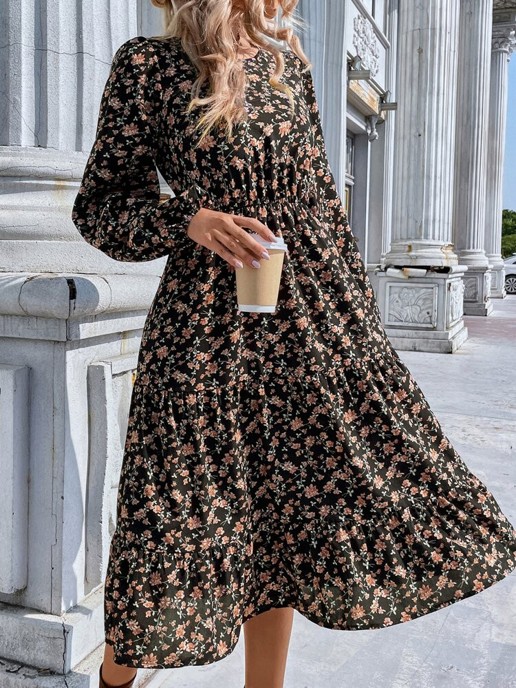 Allover Floral Print Ruffle Hem Bishop Sleeve Dress | SHEIN