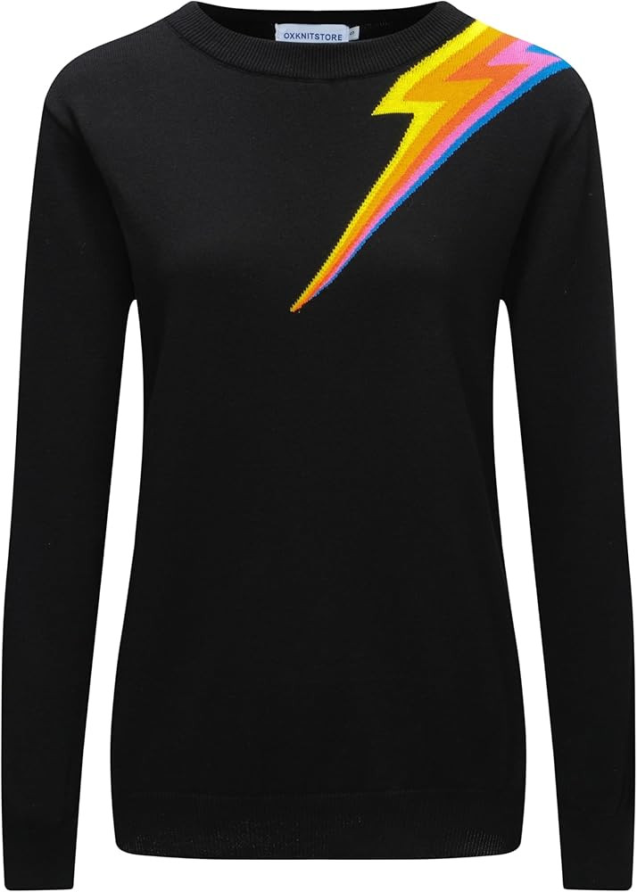 OXKnit Women's 1960s Retro Knit Long Sleeve T-Shirts, Lightning Pattern Crewneck Casual Knit Top | Amazon (US)