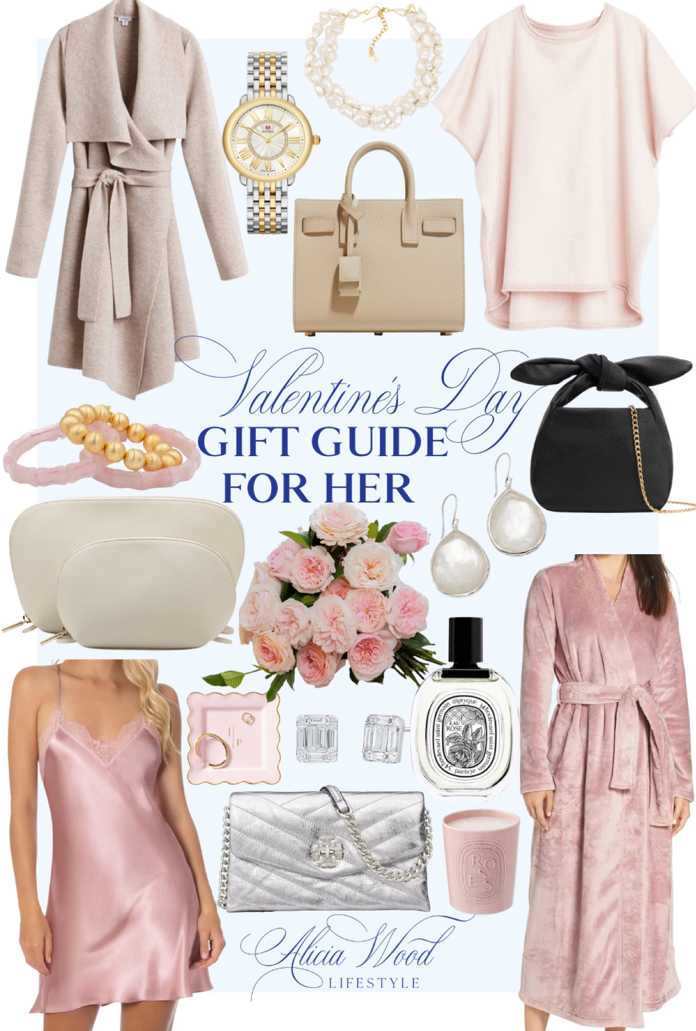 Valentine’s Day Gift Guide Inspiration for Her

SHOP ALL PRODUCTS: 
https://www.aliciawoodlifestyle.com/best-valentines-gifts-for-her/

Maison Francis Kurkdjian perfume 
Creed perfume fragrance
Soft fuzzy pink UGG bathrobe
Ray-Ban rimless mirrored iridescent aviator sunglasses, Jackie Ohh II Nylon Butterfly Sunglasses
Tom Ford round plastic sunglasses
Pink rose quartz and gold bamboo stack bracelets 
Stainless Steel 36mm Ballon Bleu De Cartier Quartz Watch
Parfums De Marly Delina Eau de Parfum 
Beige Ivory Cream Cuyana Mini bow bag with gold chain, Oversized Alpaca Short sleeve sweater shirt, Baby Alpaca Square Edge Cape, Wool Cashmere Short Wrap Coat, system tote in beige tan, leather travel toiletry cosmetic makeup case set
Givenchy Square sunglasses
Chloé Small Woody Logo Strap Linen Tote
Pink ombre Zamira Lace Trim Satin Nightgown, blush pink chemise nightgown lingerie with lace detail
YSL Saint Laurent Kate Metallic Leather Wallet on Chain, Sac De Jour Dark Cappuccino and Dark Beige Baby Leather Top-Handle Bag, YSL Saint Laurent perfume 
Mark and Graham pink black light pink heart jewelry monogram case 
Tory Burch pink and black LOVE heavy French terry hoodie, Sublime Rose Eau de Parfum fragrance, Tory Burch Sunglass, Tory Burch heart locket earring in antique pewter and rolled brass, Tory Burch Mini Kira Metallic Diamond Ruched Flap Bag with chain, Kira Chevron Metallic Pave Logo Chain Wallet
Mark and Graham x Steele waterproof tote with monogram option
Scalloped ceramic catchall tray for jewelry or other small items
Women’s lightweight white cotton bathrobe
Rose quartz earrings, gold white flower earrings, white pearl stacked necklace, pink white and purple bamboo stack bracelets
Pamela Munson three hearts lavender and prink straw hand-embroidered clutch with gold chain, la flour fringe blush clutch with gold metal chain shoulder strap, Gardner tote with straw bottom detail, pink petite straw lady bag flamingo, petite Isla Bahia Bow Flamingo straw beach tote, 
MZ Wallace pink metallic travel everyday tote

#LTKstyletip #LTKSeasonal #LTKGiftGuide