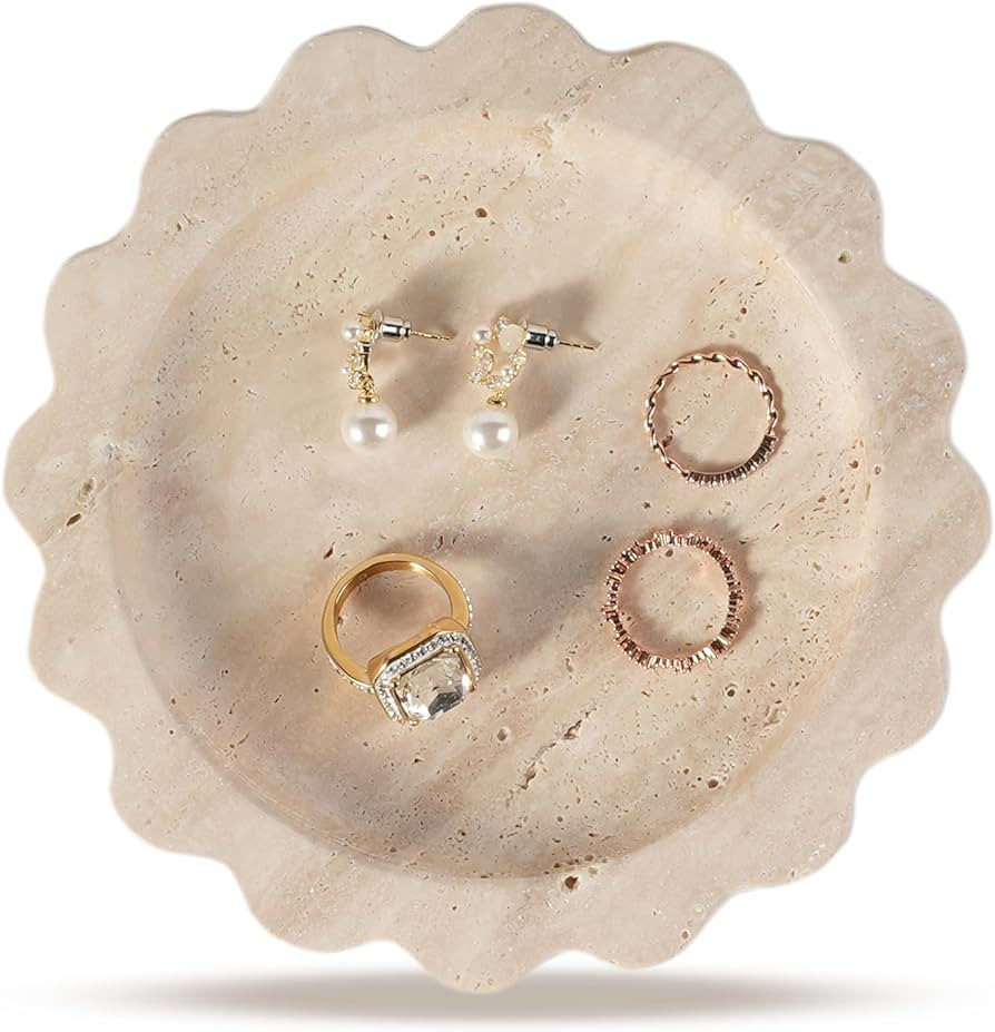 Koville 5.51" Travertine Tray, Natural Stone Trinket Dish for Ring Perfume, Round Scalloped Decor... | Amazon (US)