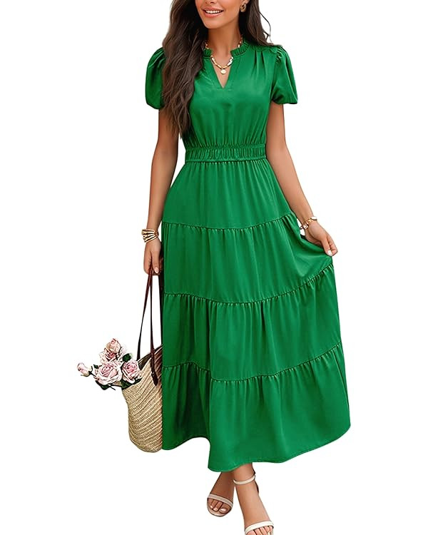 ECOWISH Summer Maxi Dress for Women Casual Flowy V Neck Short Sleeve A Line Empire Waist Tiered L... | Amazon (US)