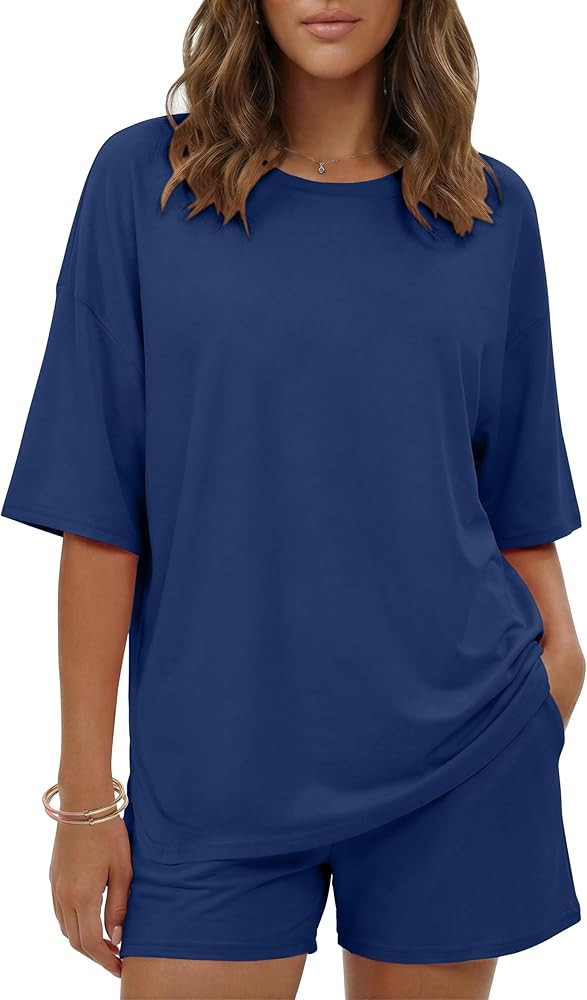 Ekouaer Women's Two Piece Lounge Set Oversized Boxy T-shirt Casual Short Sets Summer Travel Match... | Amazon (US)