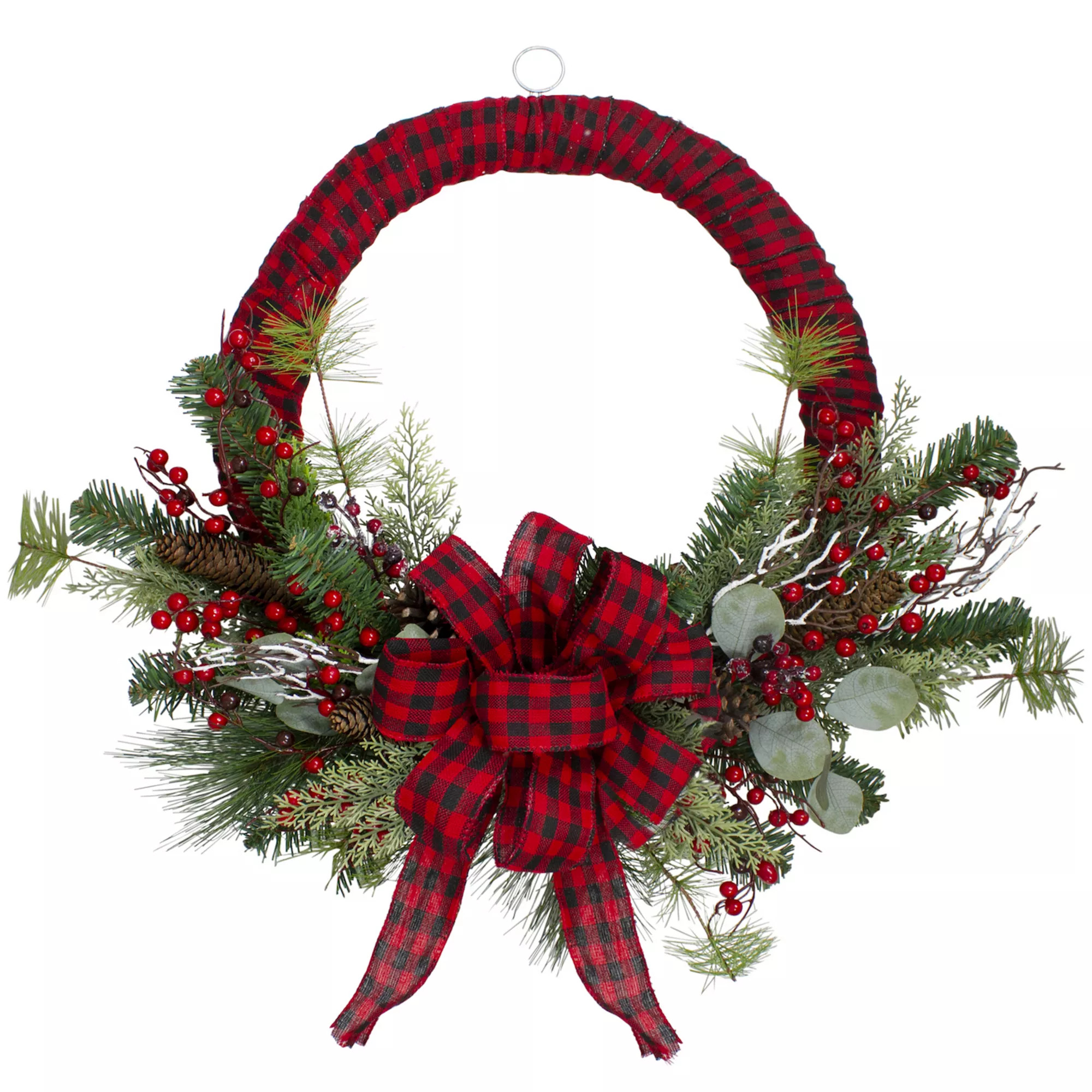 Northlight Red and Black Buffalo Plaid and Berry 24-Inch Unlit Artificial Christmas Wreath | Kohl's