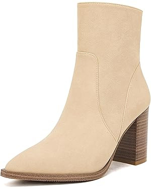 LAICIGO Women's Pointed Toe Ankle Boots Chunky Stacked Heel Side Zipper Faux Leather Ankle Bootie... | Amazon (US)