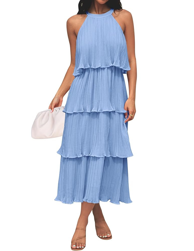 ZESICA Women's 2025 Summer Sleeveless Halter Neck Ruffle Tiered Layed Chiffon Flowy Swing Long Mi... | Amazon (US)