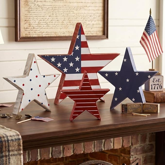4th of July Decorations, 4pcs July 4th Patriotic Tiered Tray Decor Wooden Star Sign, Vintage Star... | Amazon (US)