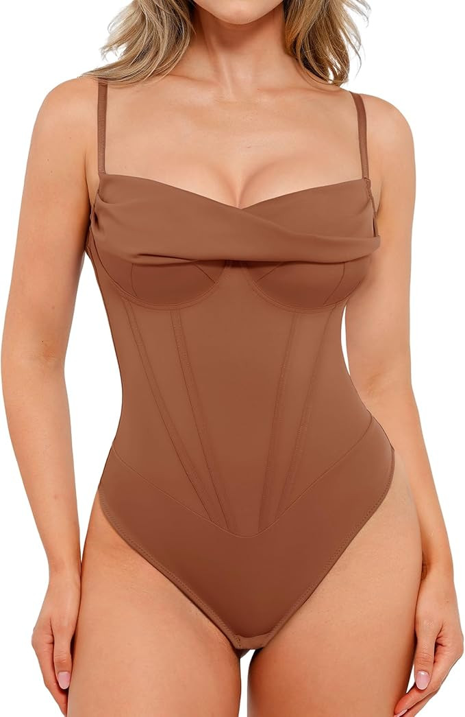 Popilush Corset Bodysuit for Women Tummy Control Shapewear Bodysuits Cowl Neck Going Out Tops Con... | Amazon (US)
