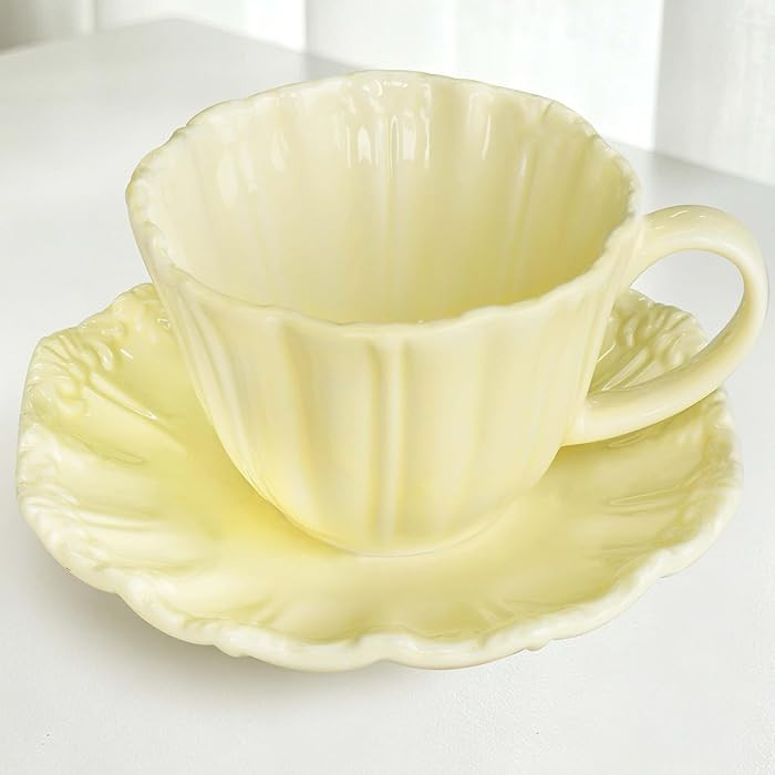 8oz Tea Cups and Saucers, Ceramic Latte Cup,Relief Cappuccino Cup and Saucer Set, Elegant Porcela... | Amazon (US)