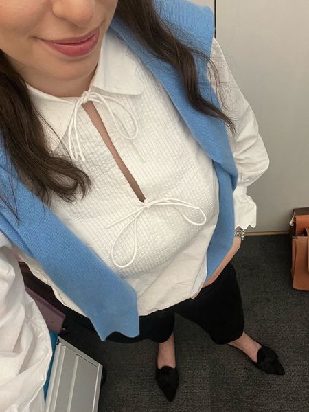 Casual Friday, white tunic, white button down, cashmere sweater, blue cashmere sweater, black jeans, black flare jeans, black mules, office style, office outfit, business casual, workwear, spring workwear, spring office style, lawyer, attorney, law firm, spring work outfit

#LTKSeasonal #LTKworkwear #LTKstyletip