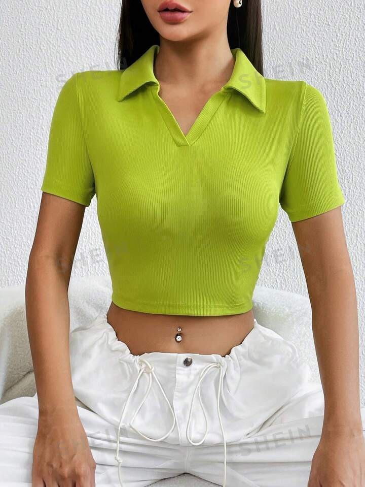 SHEIN EZwear Solid Ribbed Knit Crop Tee | SHEIN