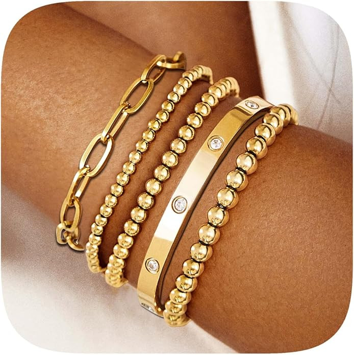 Gold Bangle Bracelets for Women, 14K Gold Plated Beaded Bracelets Stretch Bead Ball Chain Layered... | Amazon (US)