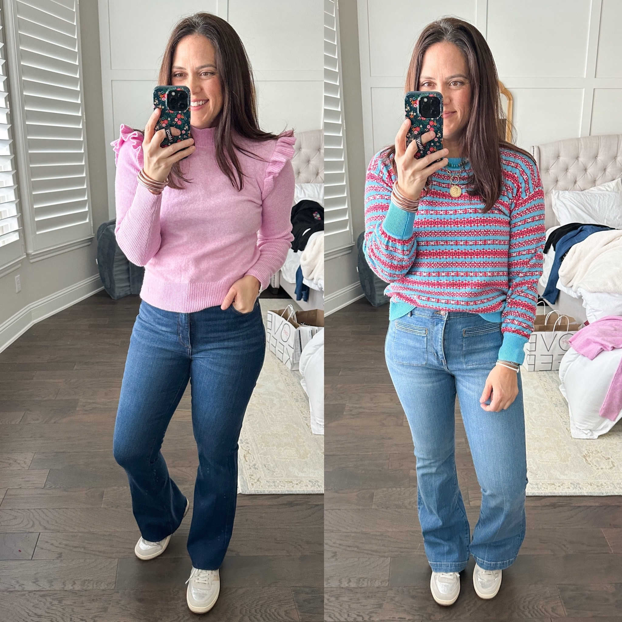 Two styles of slim flare denim - 
I wear a size 4 / 27 in this brand. 
TTS - if in between size down 

Sweaters are marked down to $35 today! In a small in pink - left sweater XS (runs big)
Sneakers - fun fashion sneaker that are sooo comfy! TTS 


#LTKSeasonal #LTKshoecrush #LTKHoliday