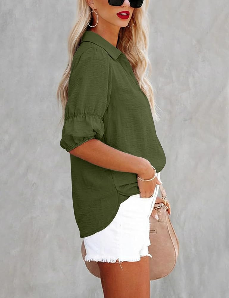 Relipop Women Button Down Shirt Puff Short Sleeve 2026 Summer Casual Collared V Neck Blouse Loose... | Amazon (US)