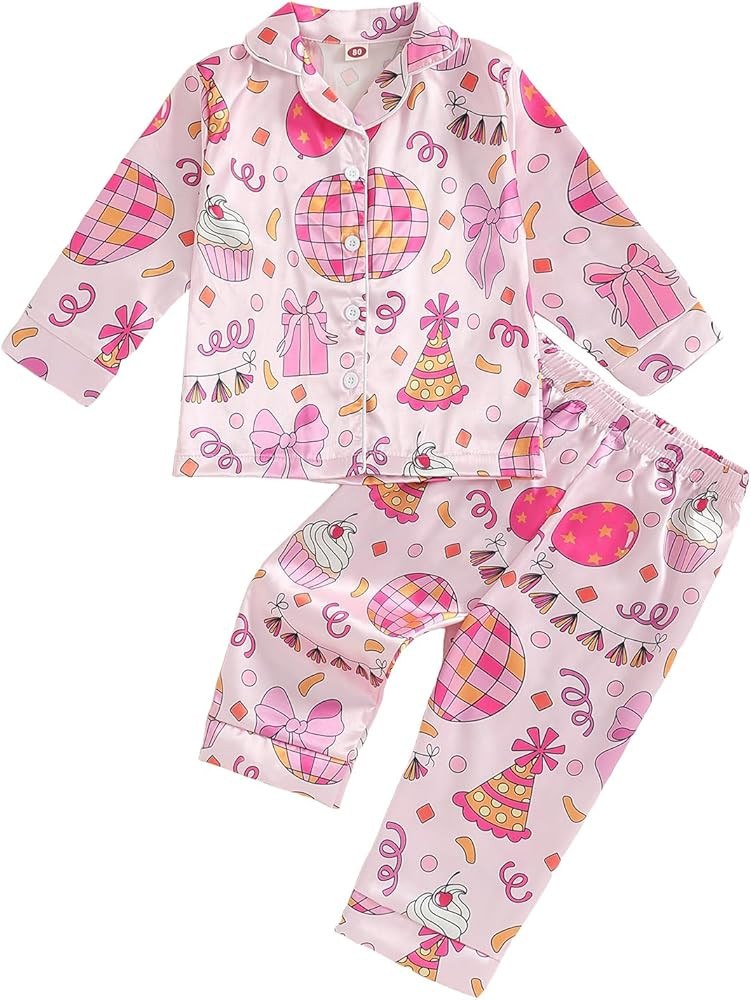 Kuriozud Toddler Kids Little Girls Birthday Satin Silk Pajamas Long Sleeve Button Down Sleepwear ... | Amazon (US)