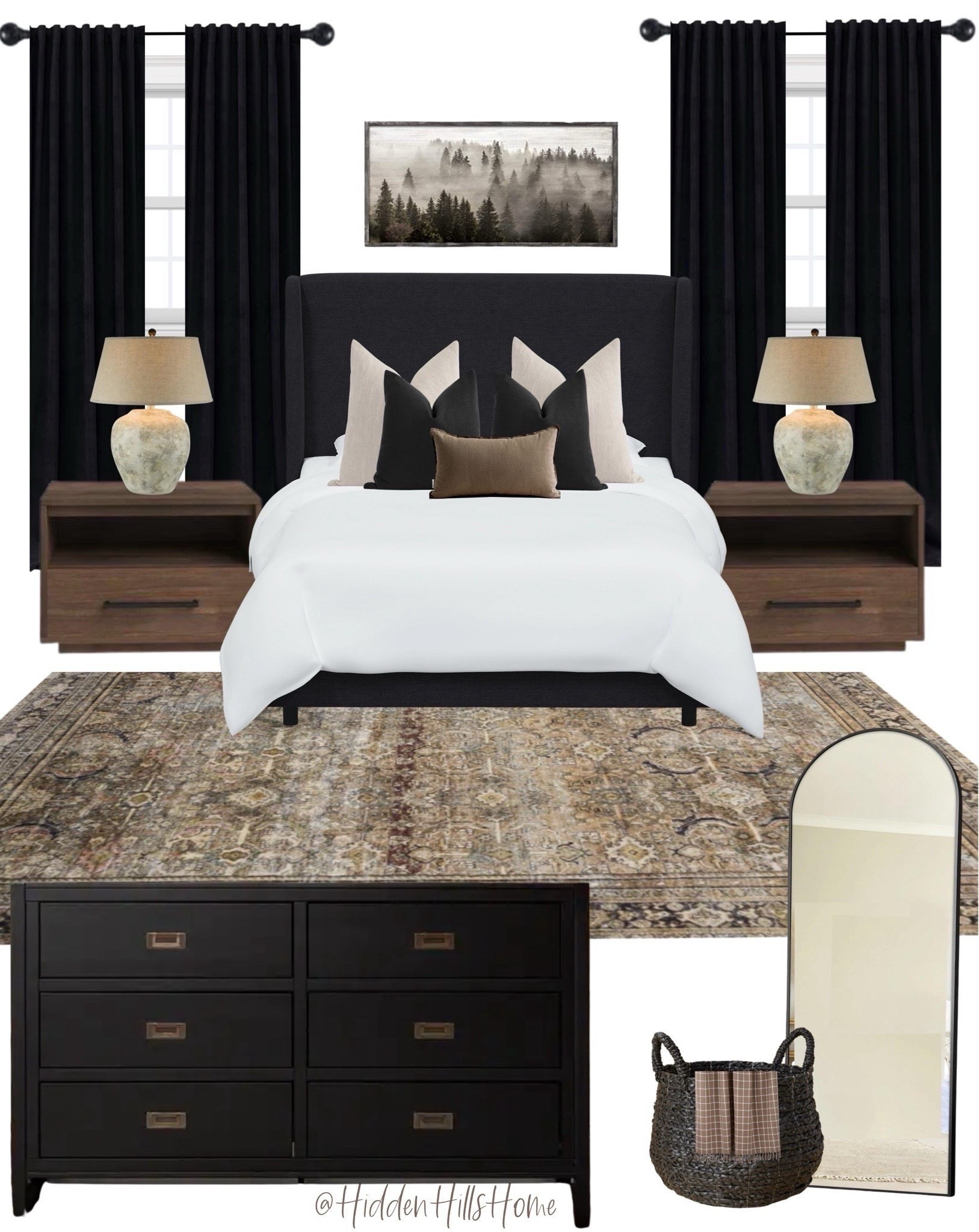 Bedroom Decor, master bedroom mood board, moody bedroom decor ideas, home decor, bedding, nightstands, bedroom rug #bedroom
