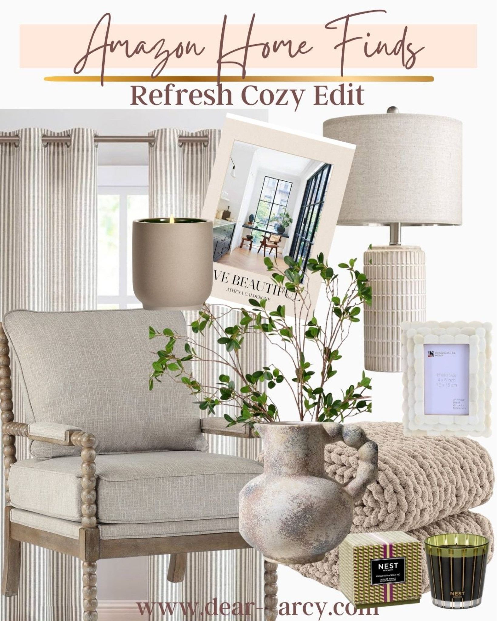 Amazon Home Refresh Edit
Cozy home 

Perfect pieces to refresh spaces in your home -neutral pallet 

A beautiful linen chair with wood ball detail  very restoration Hardwood feeling without the price. 

Stripe ticking curtains 
Mocha stone candle 
Cream end table or nightstand lamps 

A great home decor to inspire coffee table book 

Beautiful ivory frame with scallops 

Scallop basket set 

Sold plant that looks real 

Content looking ceramic vice with ball detail handle 

Next candle smells so good like spring 

Big chunky knit throw 


#LTKStyleTip #LTKHome #LTKGiftGuide