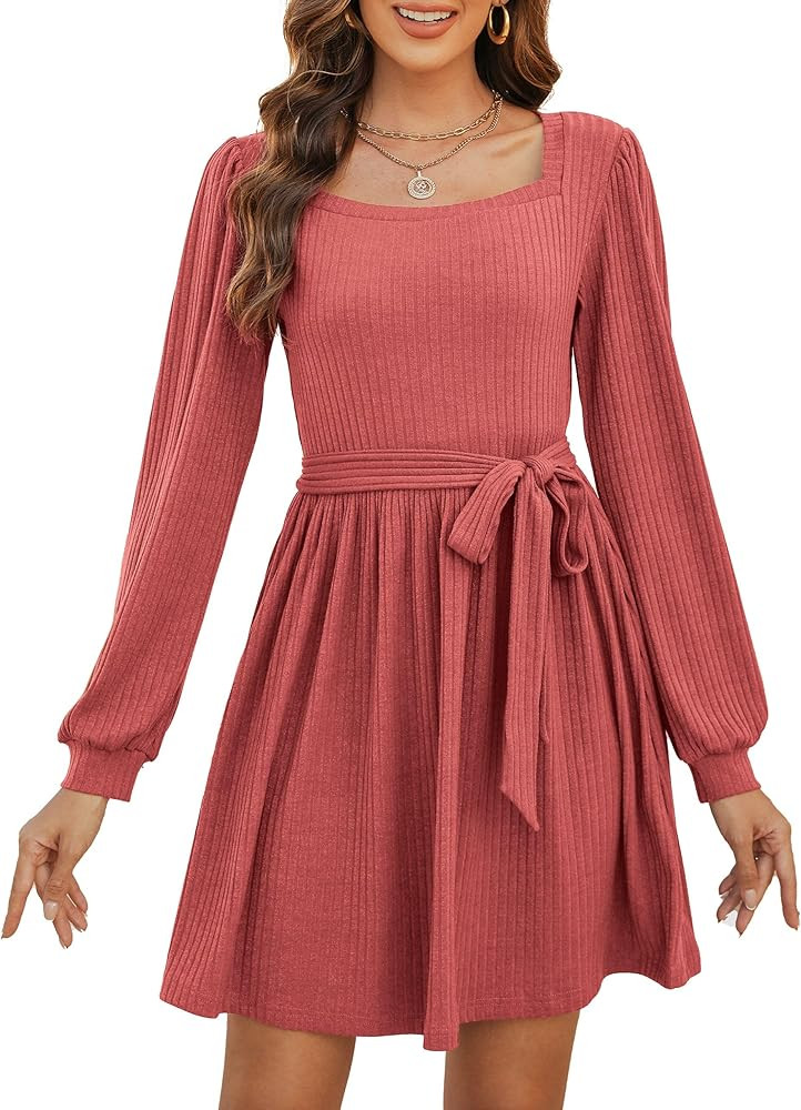 SHERRYRISE Women's Long Sleeve Square Neck A Line Ribbed Knit Short Dress Mini Babydoll Sweater Dres | Amazon (US)