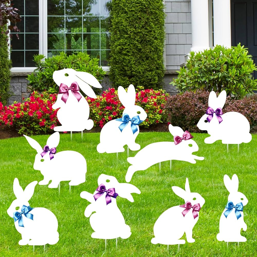 9PCS Easter Yard Decorations White Rabbit Bunny Yard Sign Stakes DIY Bow Outdoor Garden Lawn Deco... | Amazon (US)