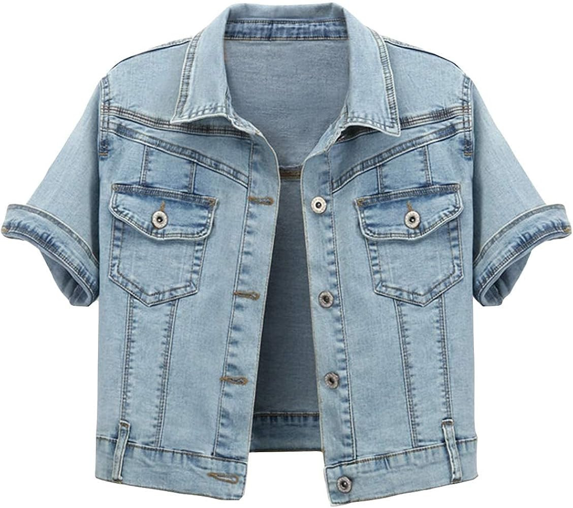 Omoone Women's Summer Short Sleeve Slim Crop Denim Trucker Jacket Jean Coat Tops | Amazon (US)