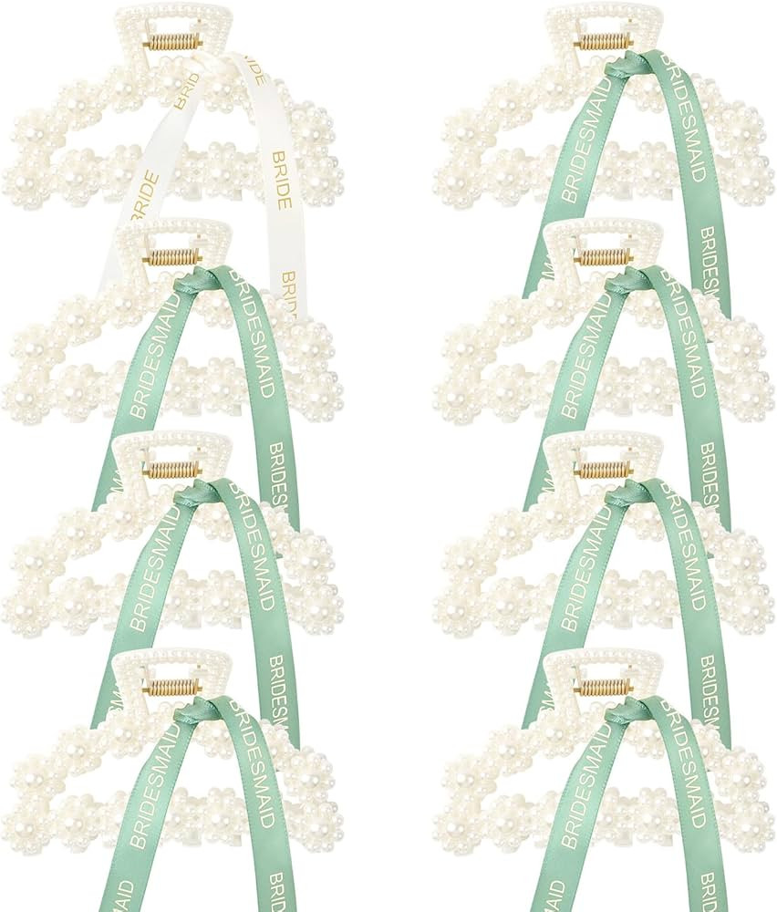 DEEKA Bridesmaid Proposal Gifts 8 Pack Pearl Bridesmaid Hair Claw Clips with Ribbon 3 Inch Hair C... | Amazon (US)