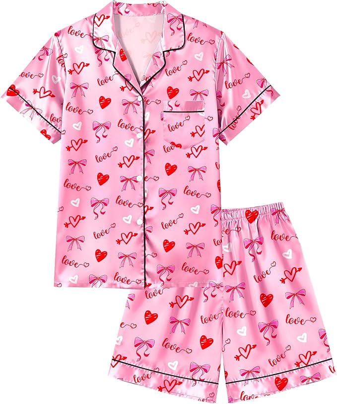 Sylfairy Girls Pajamas Silk PJS Set Pink Bow Satin Sleepwear Short Sleeve Jammies for Kids Button... | Amazon (US)
