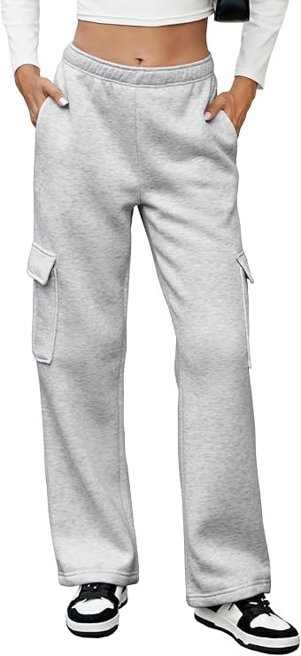 MOYEE Womens Cargo Sweatpants High Waisted Straight Leg Fleece Lined Sweat Pants with 4 Pockets | Amazon (US)