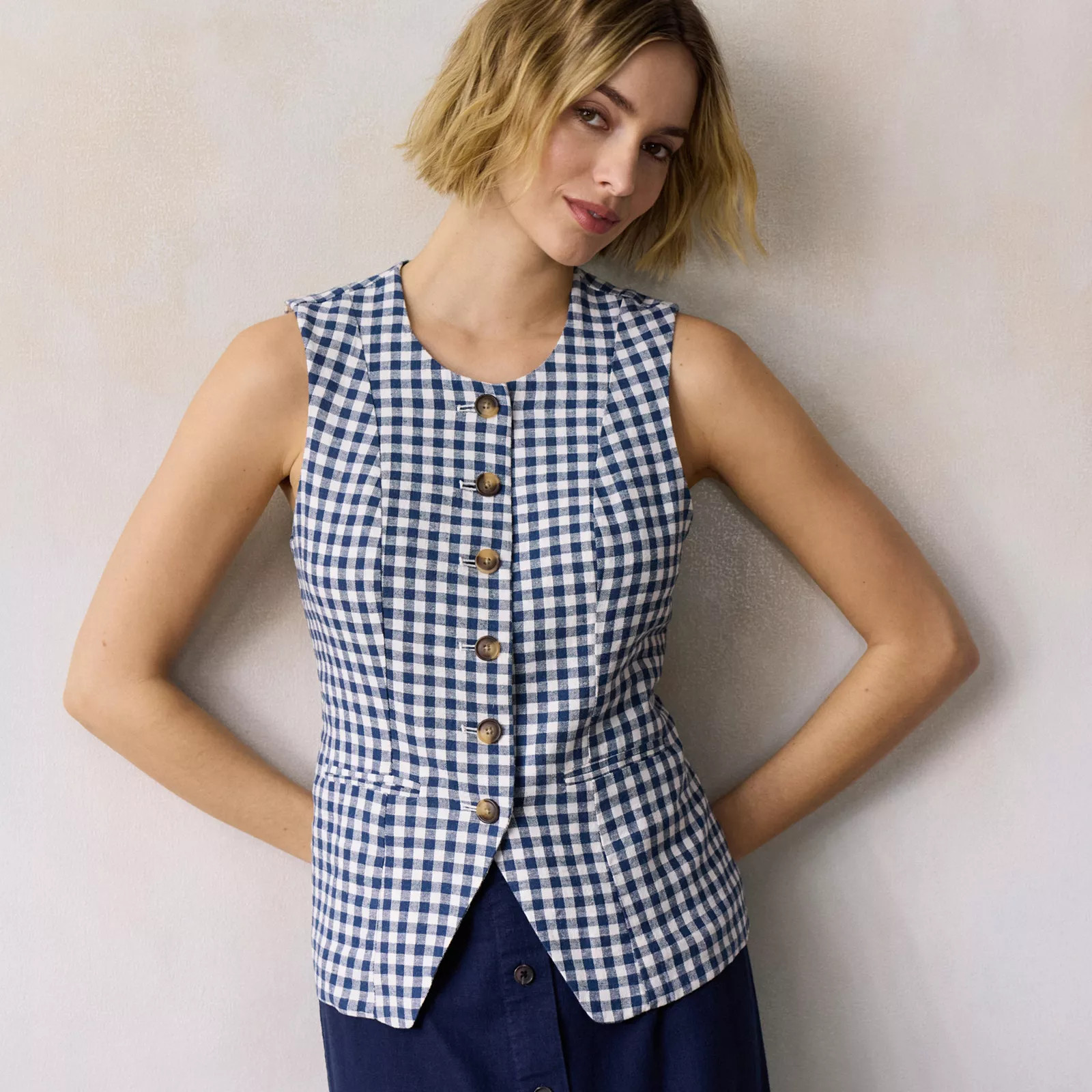 Women's LC Lauren Conrad Crewneck Longline Vest, Size: XXL Petite, Blue Livi Gingham | Kohl's
