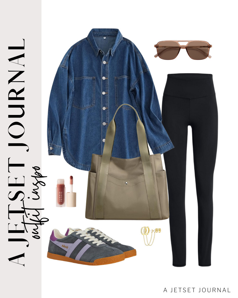 You’ll love this navy blue LifeShe denim shirt and buttery-soft leggings combination. This comfy fit goes with Gola Elan sneakers and a tote shoulder bag from JIANLIST. You can also add these SOJOS retro aviator sunnies and Besteel stud hoop earrings to the fit. 

 #LTKSeasonal #LTKSaleAlert #LTKTravel