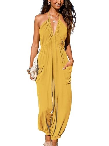 CUPSHE Women's Jumpsuit Halter Sleeveless Pleated Long Romper Knit Jogger Maxi Jumpsuit with Pockets Yellow, L | Amazon (US)