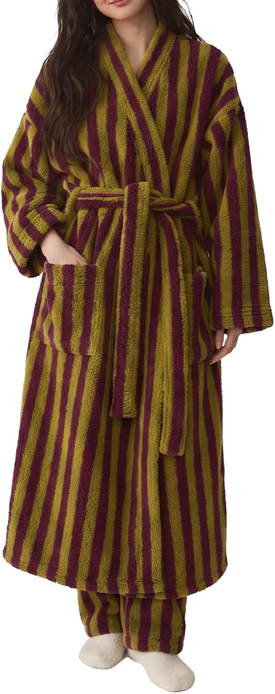 Womens Striped Long Robe Plush Warm Fluffy Bathrobes | Amazon (US)