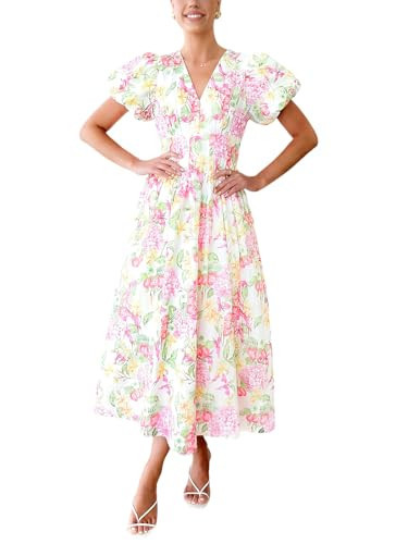 Flessibili Womens Short Sleeve Floral Maxi Dresses 2026 Spring Wedding Guest Party Summer Dress Pink Hydrangea Medium | Amazon (US)
