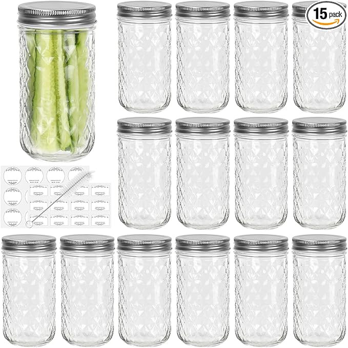 CycleMore 15 Pcs 12oz Mason Jars With One Piece Silver Metal Lids, Canning Jars Glass Regular Mou... | Amazon (US)