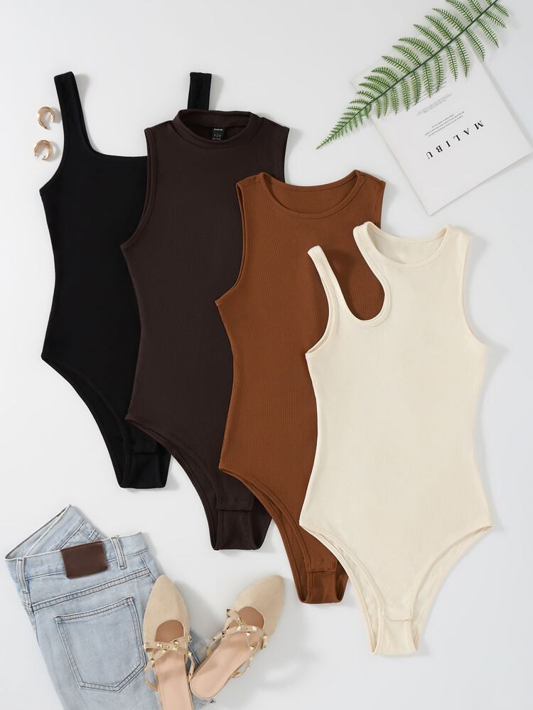 4pcs Solid Ribbed Knit Bodysuit | SHEIN