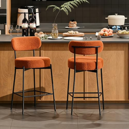 DYHOME Orange Bar Stools Set of 2, Modern Counter Height Bar Stools, 24 Inches Upholstered Boucle Bartsools with Curved Back Metal Legs for Kitchen Island,Cafe,Holiday,Party | Amazon (US)