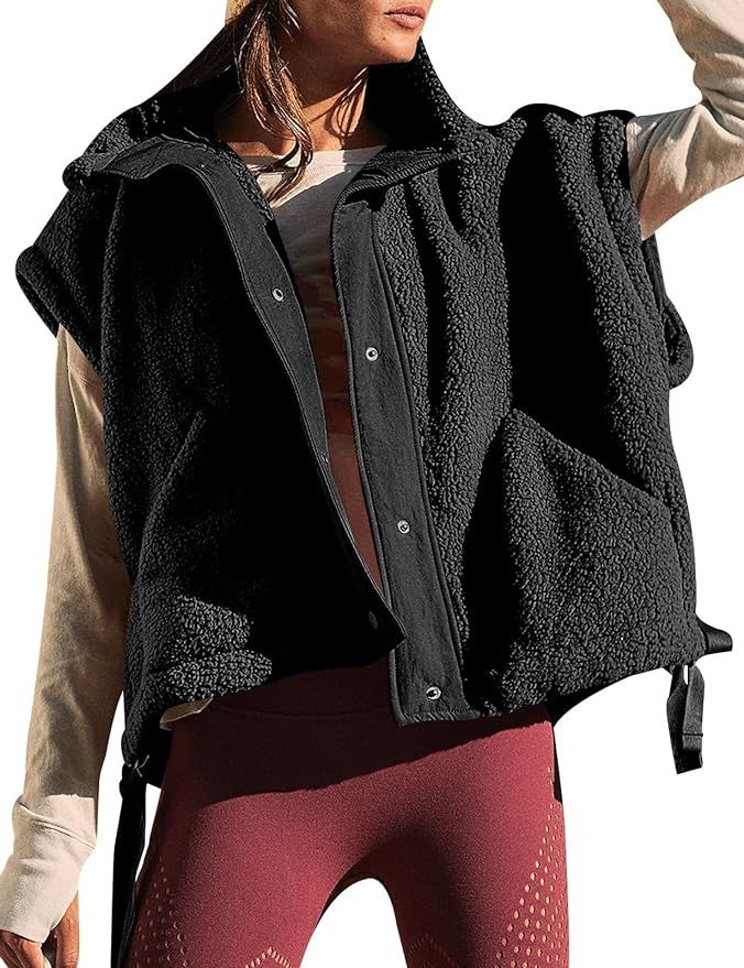 Athlisan Womens Fleece Vest Casual Sleeveless Button Down Sherpa Jacket Outerwear with Pockets | Amazon (US)