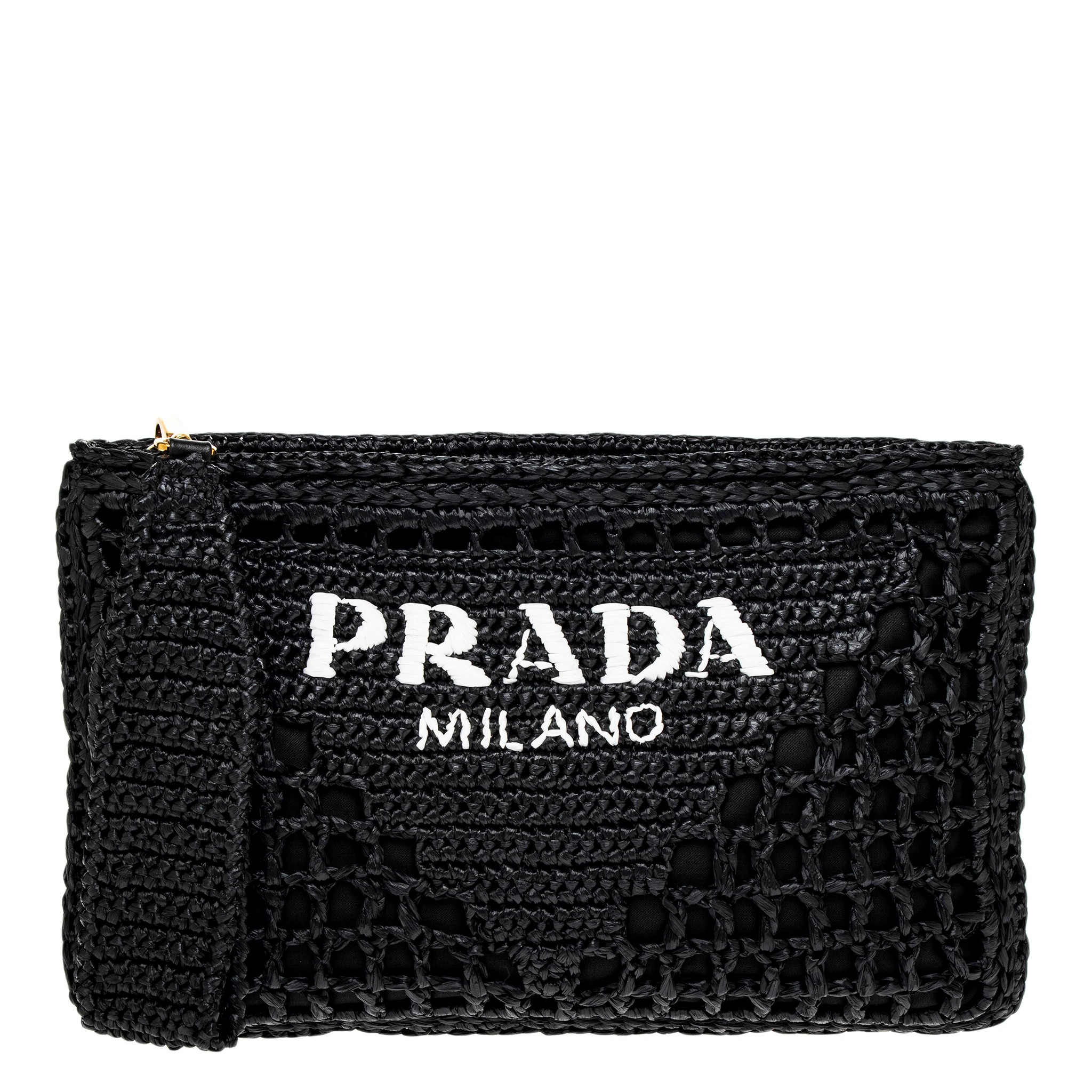 Prada Raffia Logo Envelope Clutch - Black - Black | Overstock