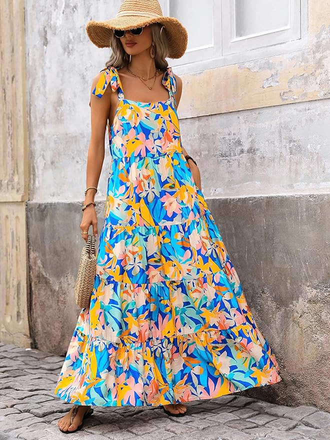 PRETTYGARDEN Women Dresses 2026 Summer Floral Sleeveless Maxi Dress Casual Spaghetti Strap Tiered... | Amazon (US)