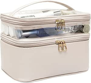 Makeup-Bag,Large Leather Makeup-Organizer for Travel-Accessories Clear-Cosmetic-Bag,Portable Trav... | Amazon (US)