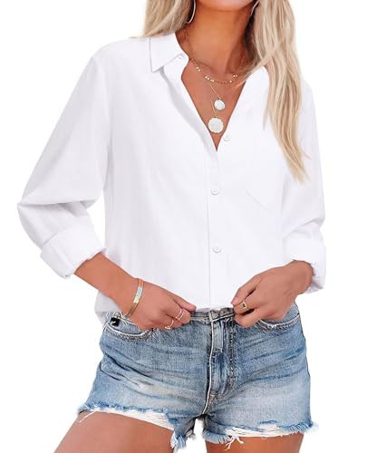 siliteelon Women's Linen Cotton Button Down Shirt Long Sleeve Dress Shirts Work Blouse Top with Pocket White S | Amazon (US)