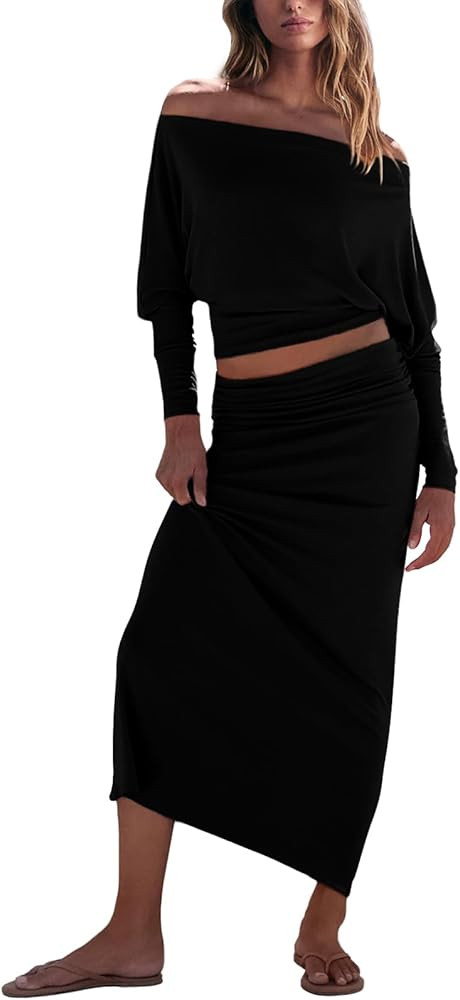 UNIANKIYA 2 Piece Skirt Sets For Women Size XS-L Casual Off Shoulder Batwing Long Sleeve Tops and... | Amazon (US)