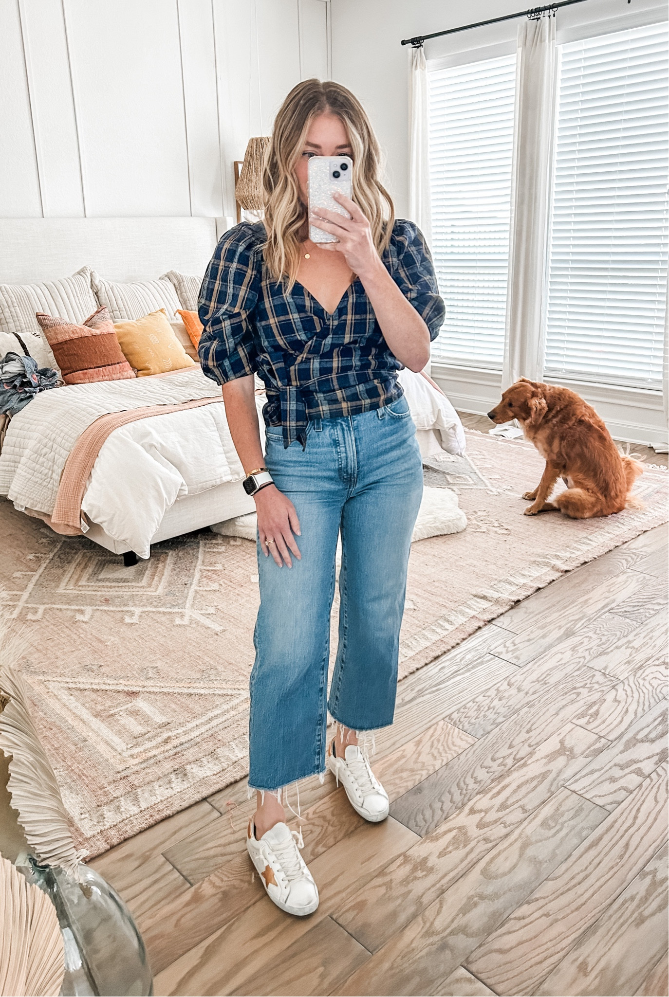 casual outfit - wide leg denim and puff sleeve wrap top - sneakers 

#LTKsalealert #LTKstyletip #LTKfindsunder100