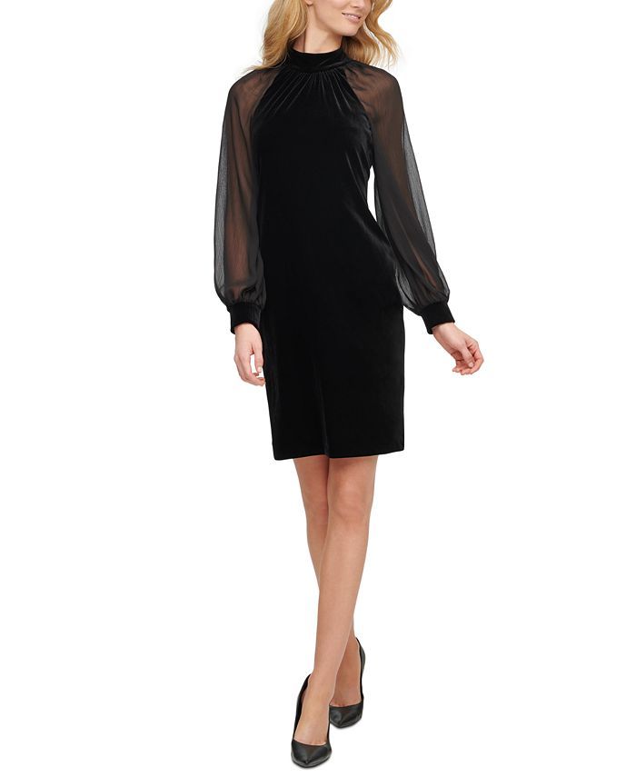 Calvin Klein Velvet Illusion-Sleeve Dress & Reviews - Dresses - Women - Macy's | Macys (US)