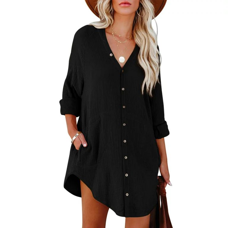 Esobo Women's Long Sleeve Button Down Tunic Shirts Cute V Neck Tops Cotton Cover Up with Pockets ... | Walmart (US)