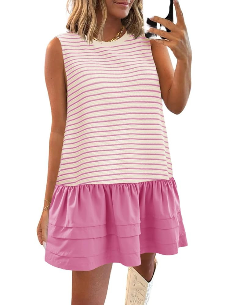 Wenrine Womens Striped Sweatshirt Dress Casual Sleeveless Crewneck Constrast Patchwork Loose Tank... | Amazon (US)